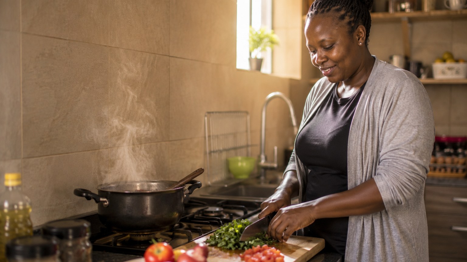 A house manager preparing a meal in a modern Kenyan kitchen