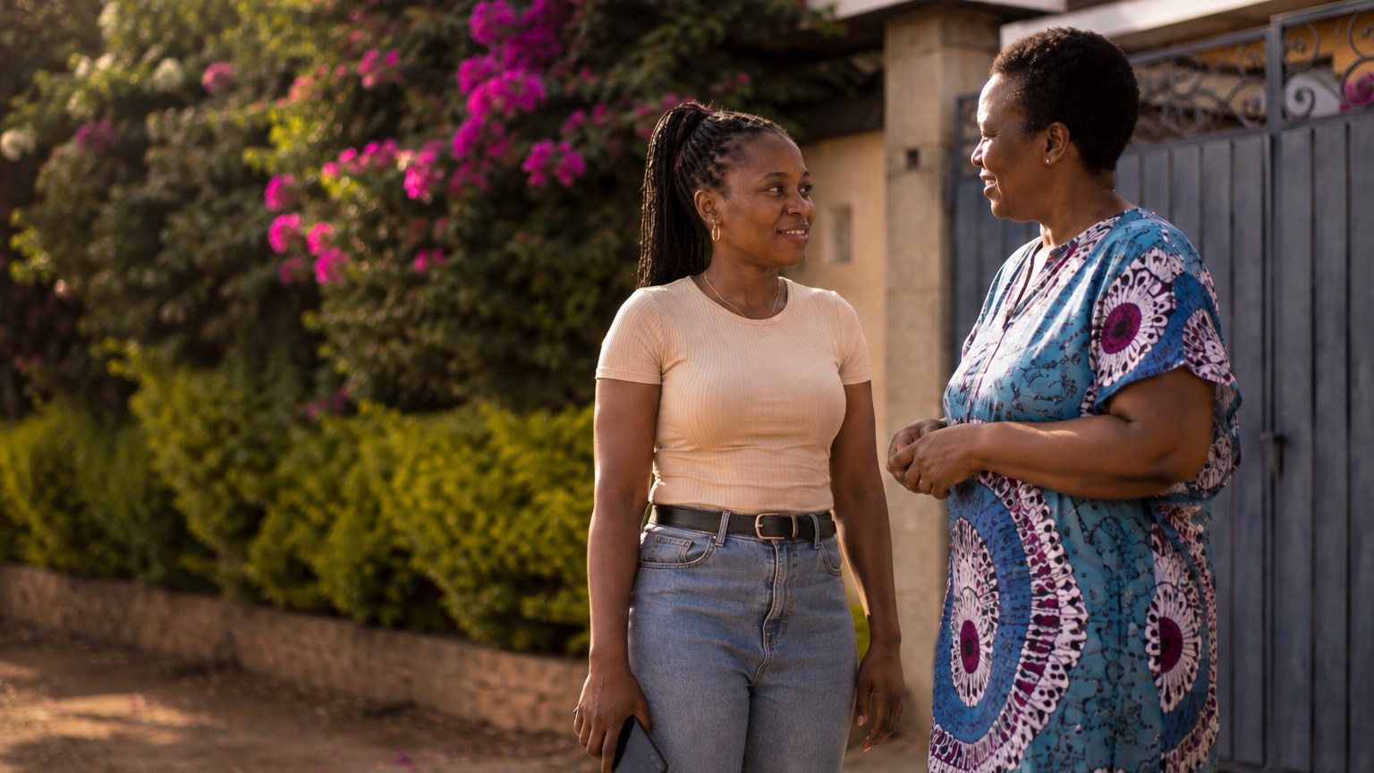 Two women talking on a phone call outside a Kenyan home
