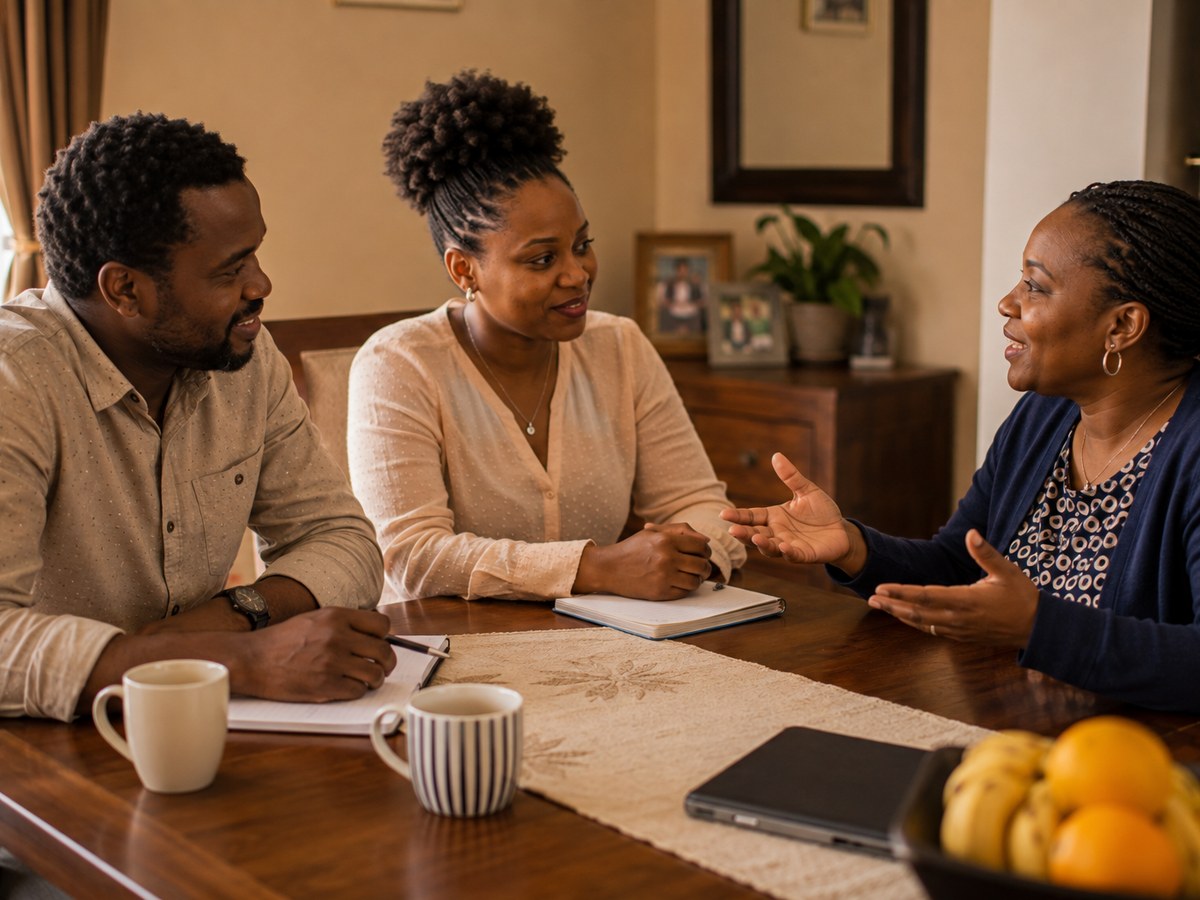 A family and a house manager talking across a table during an interview