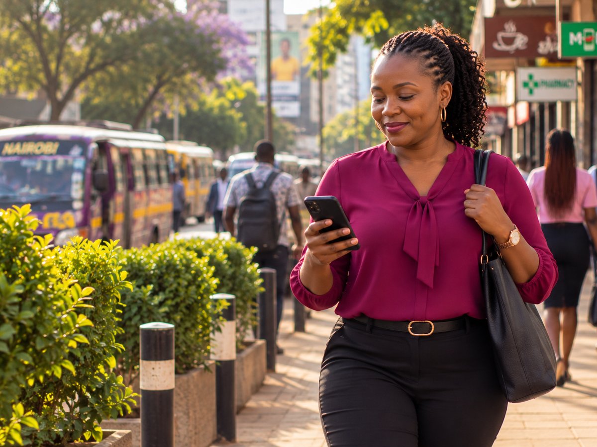 A house manager checking her phone confidently on a Nairobi street