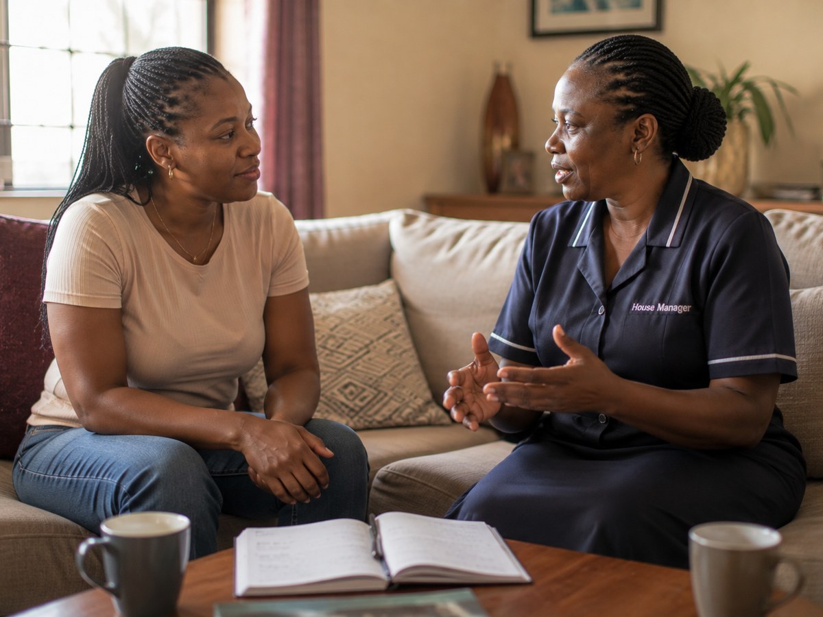 A parent and a house manager talking together in a living room